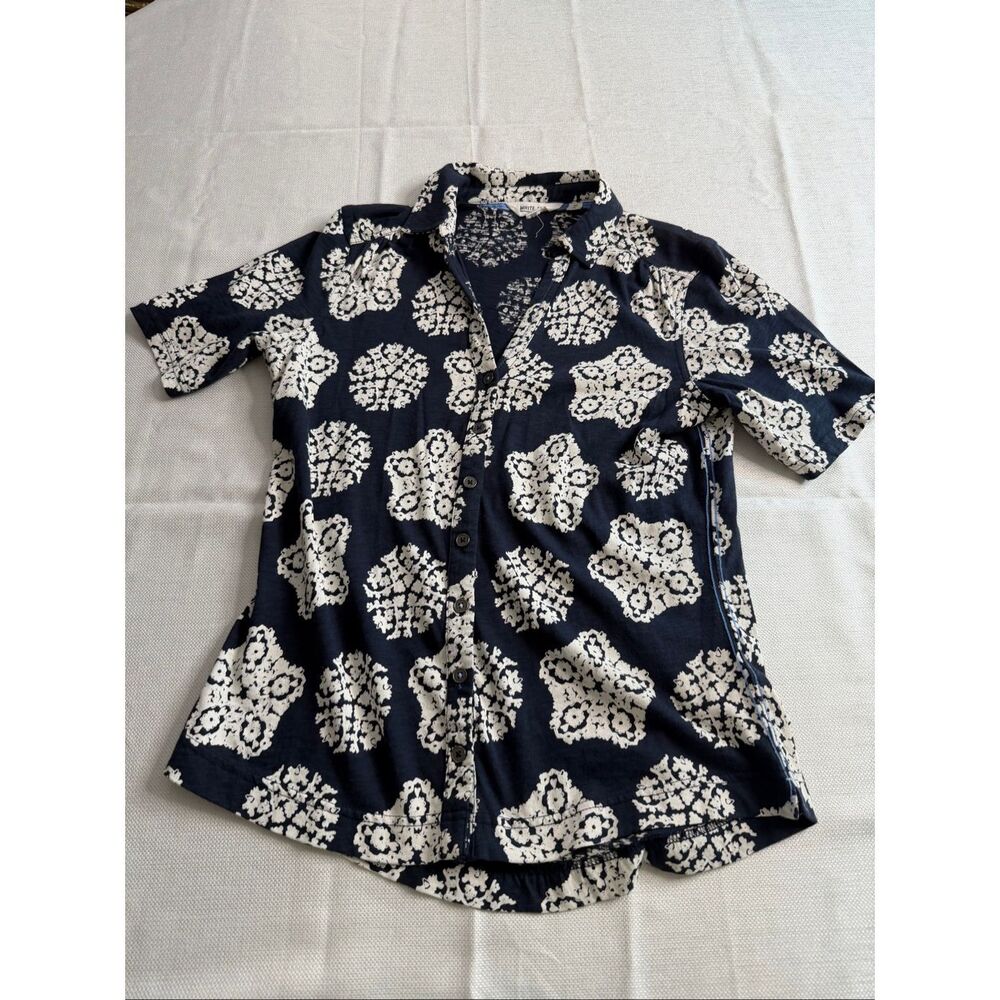 White Stuff Annie Short Sleeve Jersey Blue White Button Up Shirt Size 6